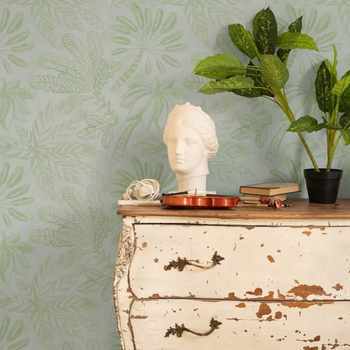 Tapete Skizzierte tropische Blätter in frischen Hellgrüntönen a01001v1