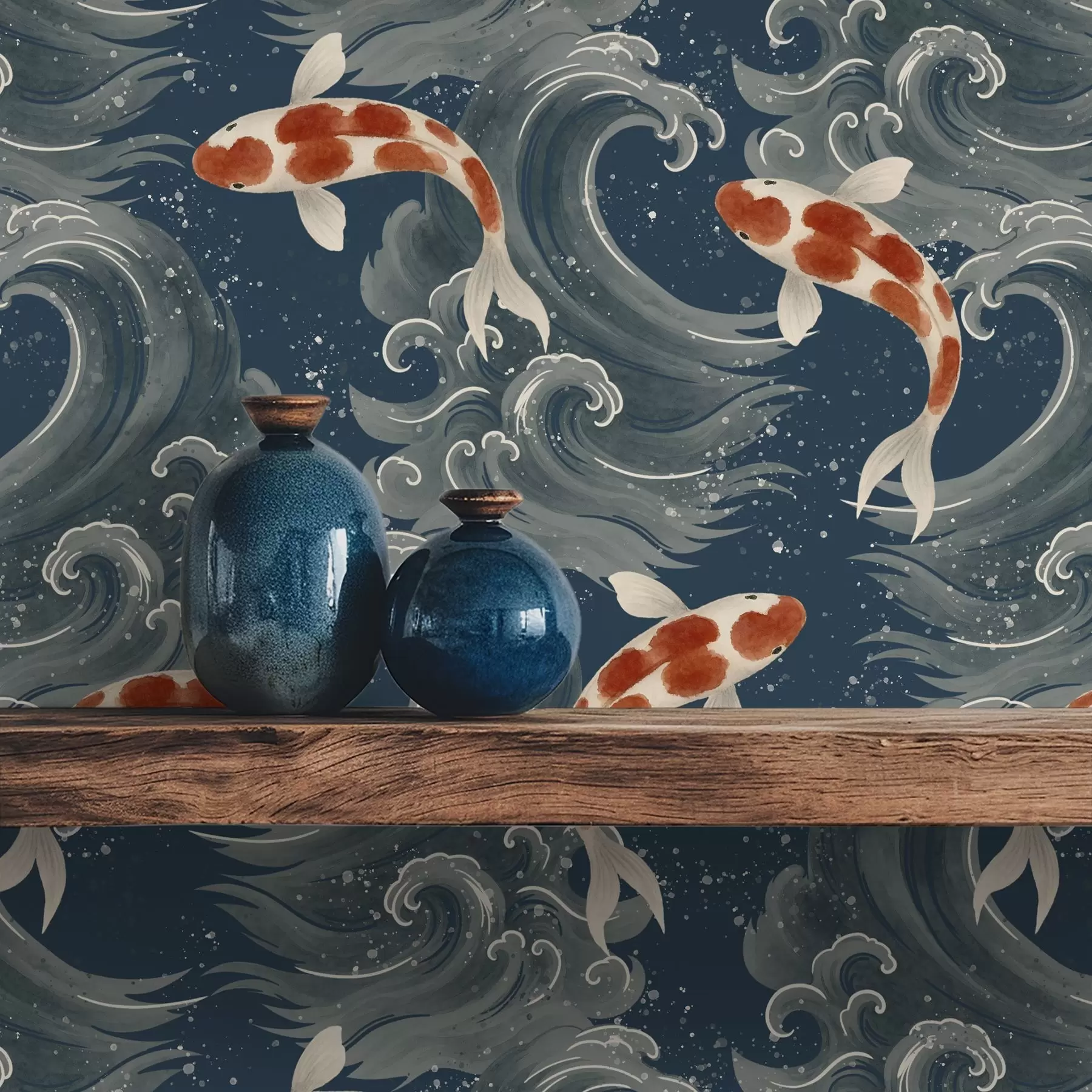 Fototapete Koi-Fische schwimmen zwischen dramatischen Meereswellen a01019