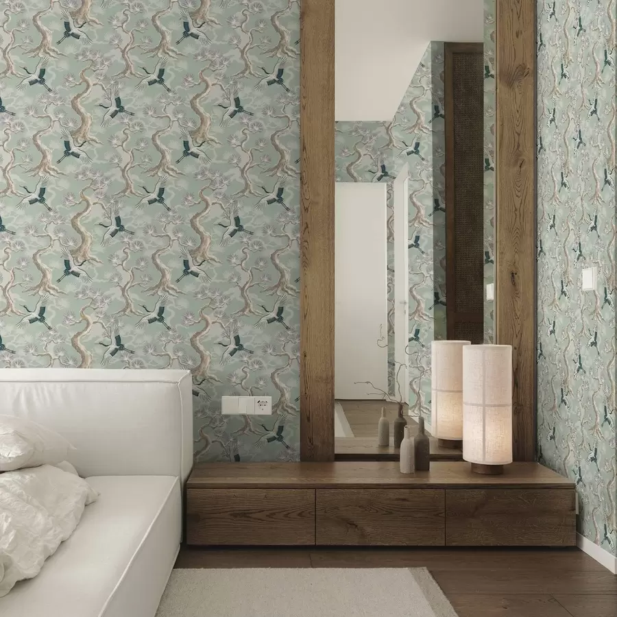 Fototapete Kraniche zwischen geschwungenen Ästen auf einem sanften, salbeifarbenen Hintergrund a01023