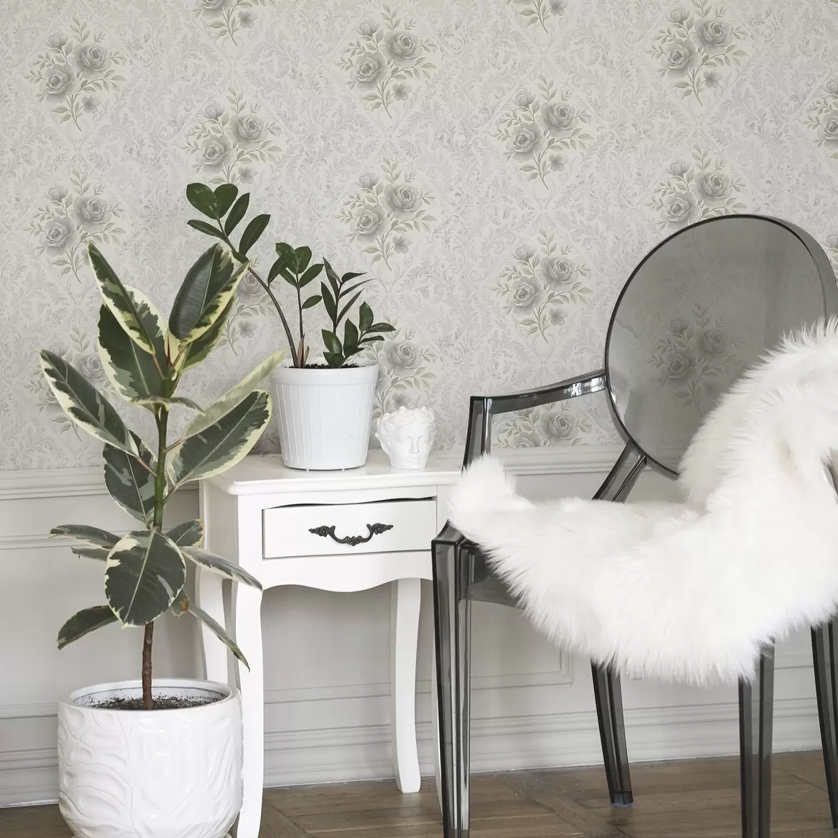 Tapete Helles Damastmuster mit grauen Rosen in weichen Rauten a01024