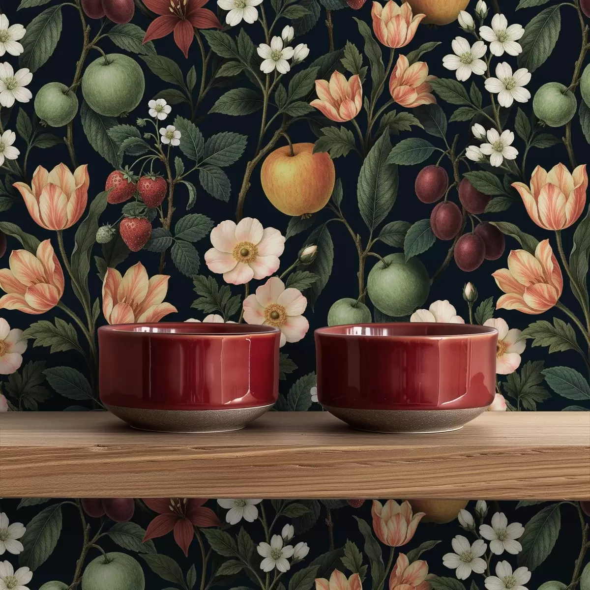 Tapete Dunkler Garten mit Blumen, reifen Äpfeln und Beeren a01034