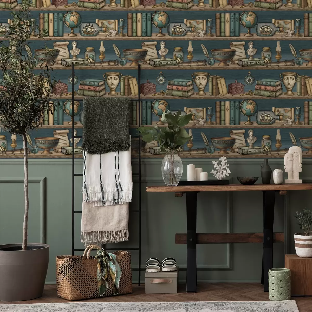 Tapete Vintage-Regale mit Büchern, einem Globus und Meereskuriositäten a01036