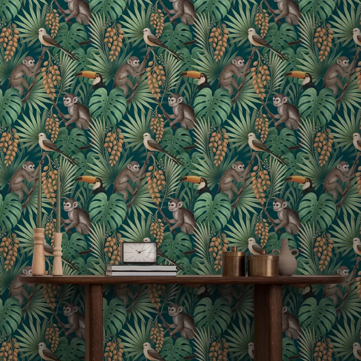 Tapete Affen und tropische Vögel im dichten Dschungelblattwerk a01037