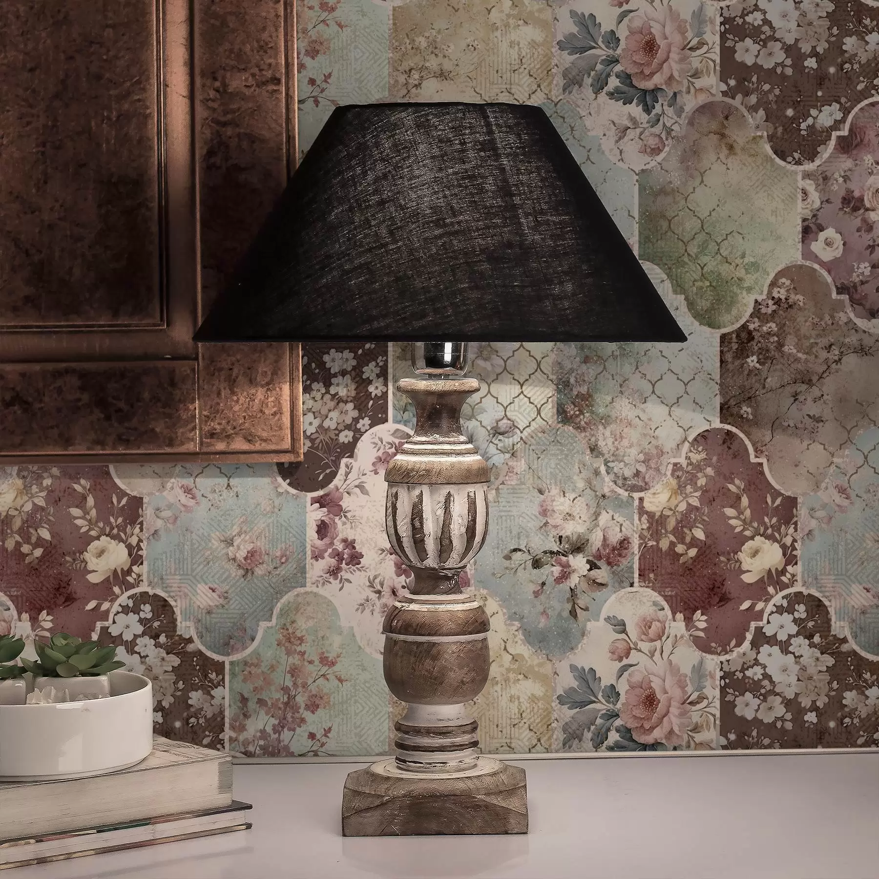 Fototapete Patchwork aus floralen Paneelen und abgenutzten gemusterten Fliesen a01038