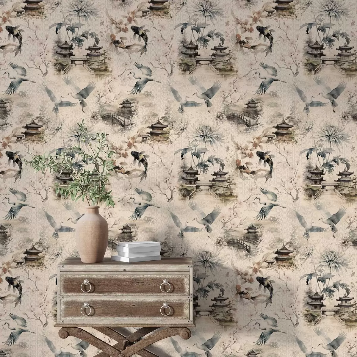 Tapete Japanische Tempel, Koi-Fische und Kraniche vor einem sanften Hintergrund a01040