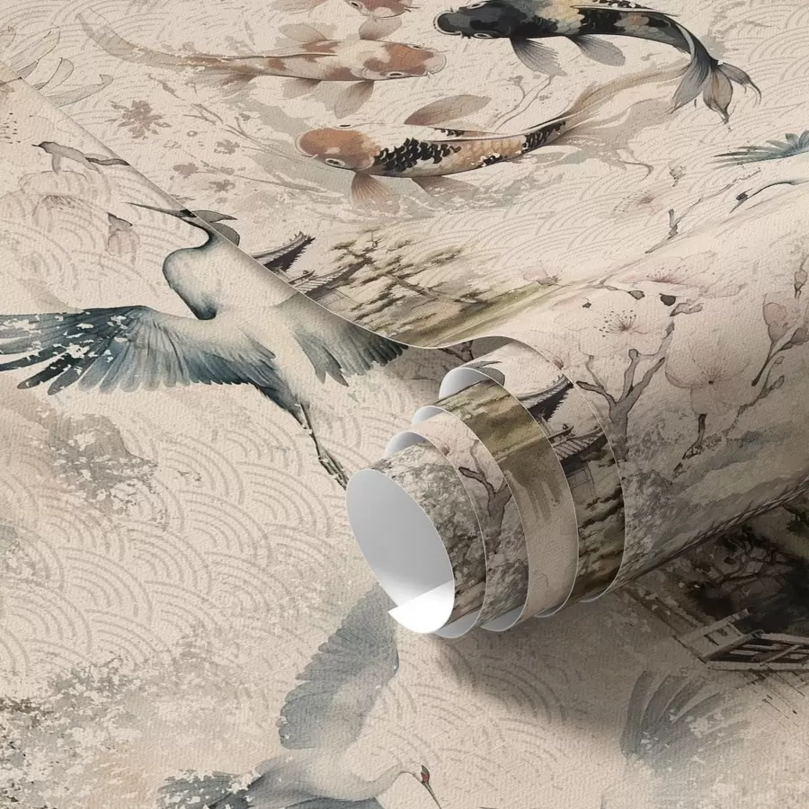 Fototapete Japanische Tempel, Koi-Fische und Kraniche vor einem sanften Hintergrund a01040