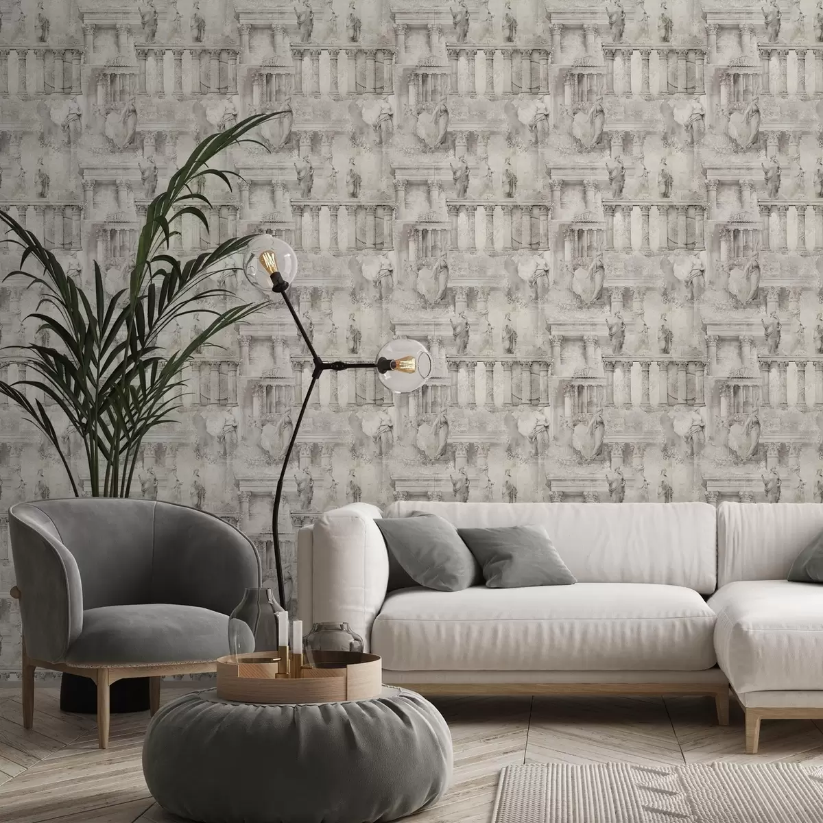 Tapete Antike Statuen und Säulen in sanften Beige-Grau-Tönen a01041