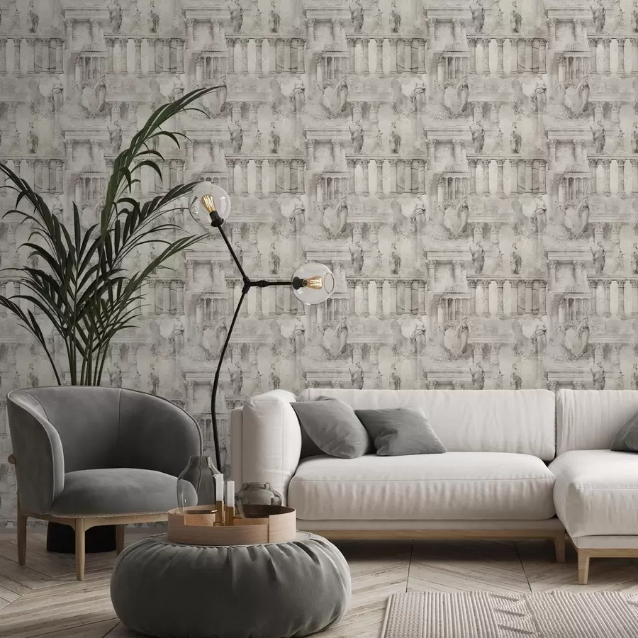 Fototapete Antike Statuen und Säulen in sanften Beige-Grau-Tönen a01041