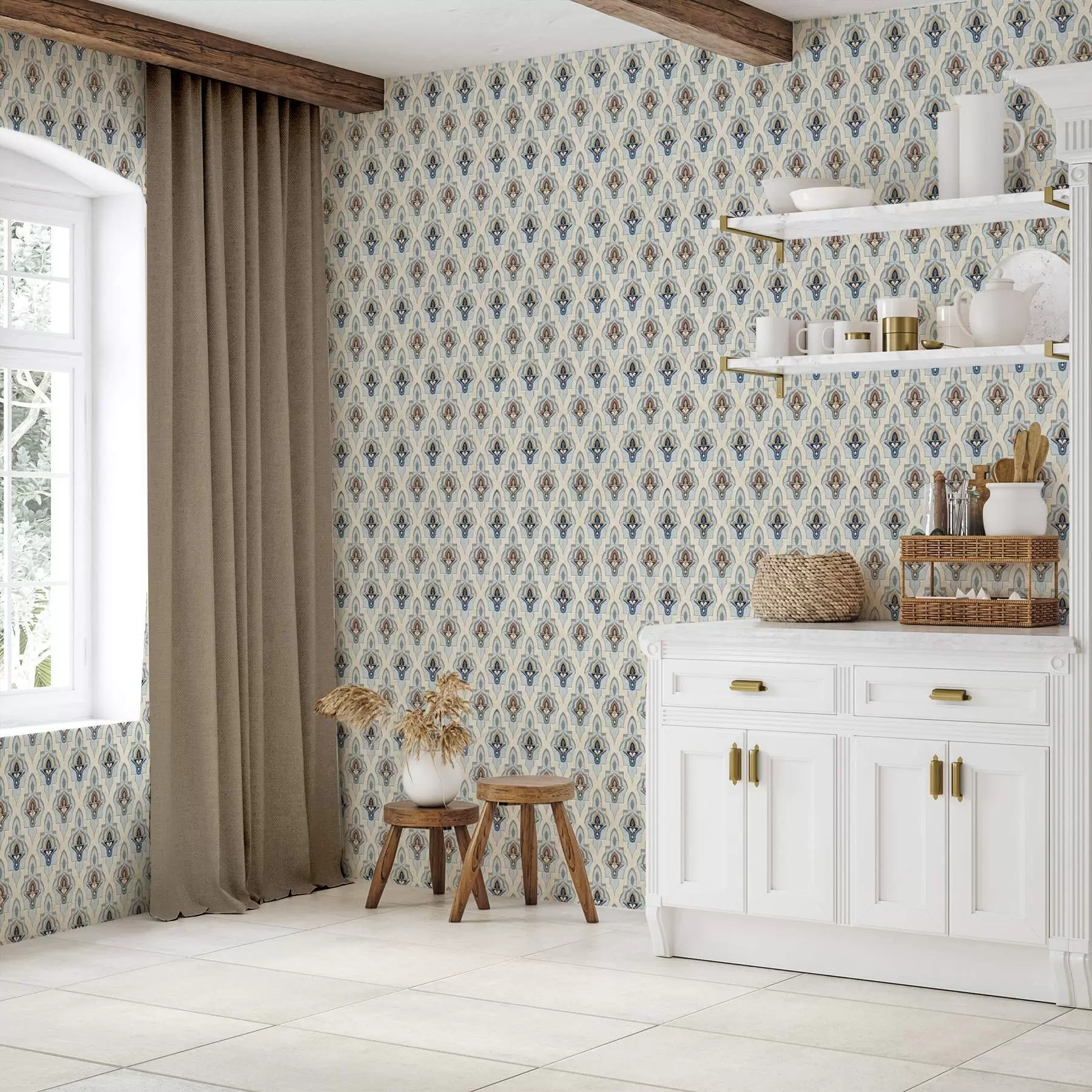 Fototapete Orientalisches Muster aus kleinen Fliesen in einer Blau-Sand-Farbpalette a01044