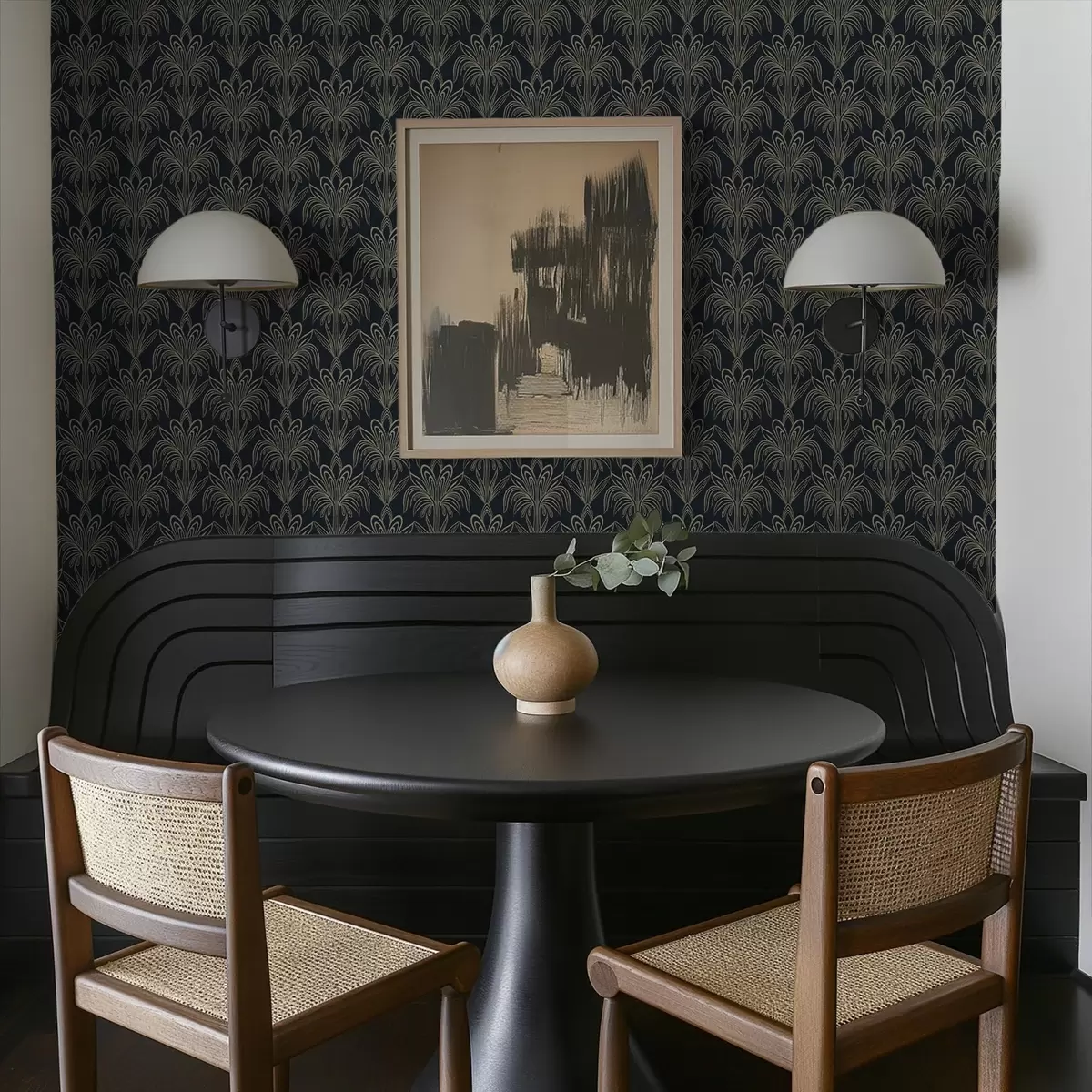 Tapete Dunkles Art-Déco-Ornament mit stilisierten Pflanzen a01065