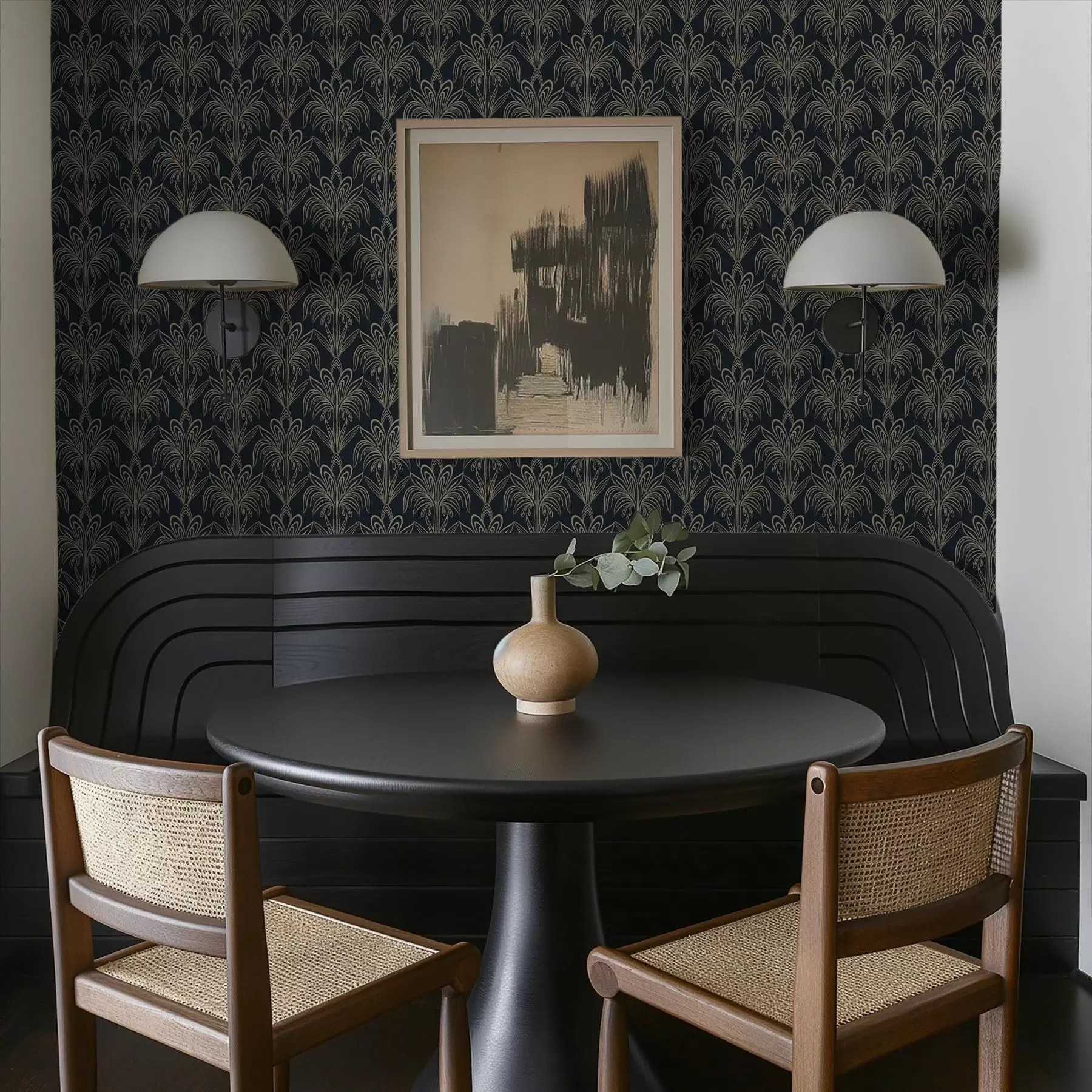 Fototapete Dunkles Art-Déco-Ornament mit stilisierten Pflanzen a01065