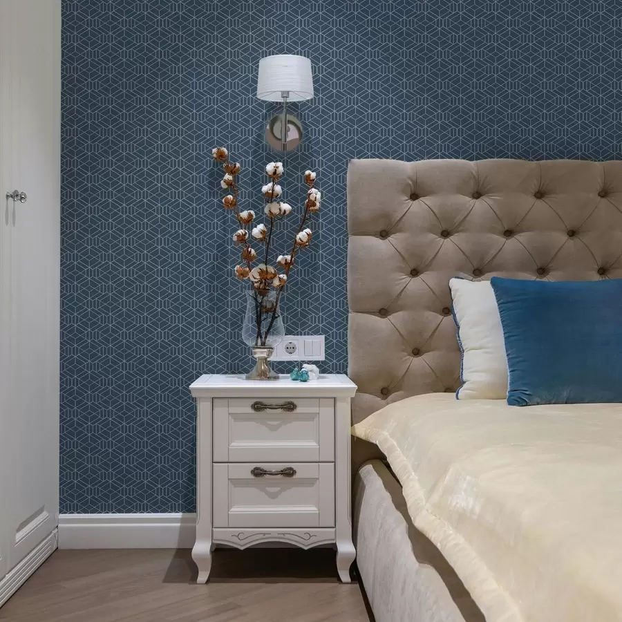 Fototapete Blauer Hintergrund mit weißen linearen Würfeln in einem Raster a01067v1