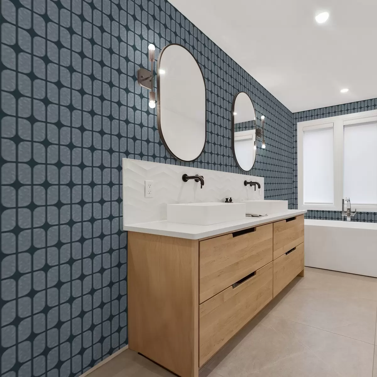 Tapete Dunkelblauer Hintergrund mit grauem Mosaik aus abgerundeten Fliesen a01068v1