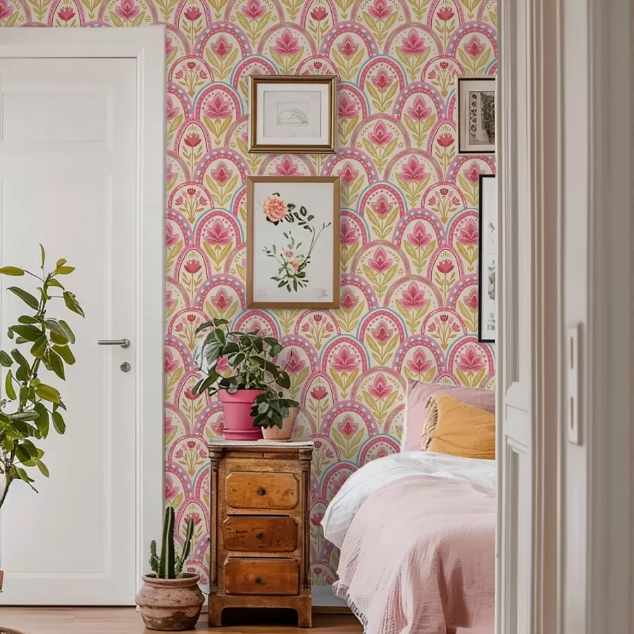 Fototapete Bögen mit rosa Blumen in einem volkstümlichen Muster a01080