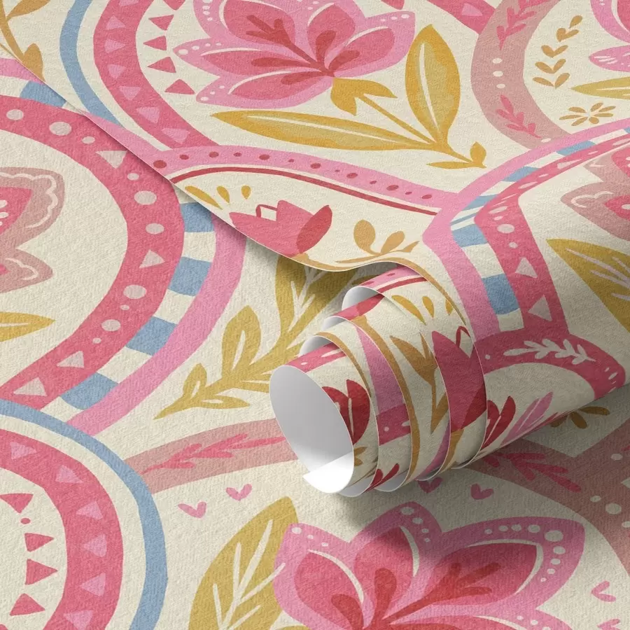 Fototapete Bögen mit rosa Blumen in einem volkstümlichen Muster a01080