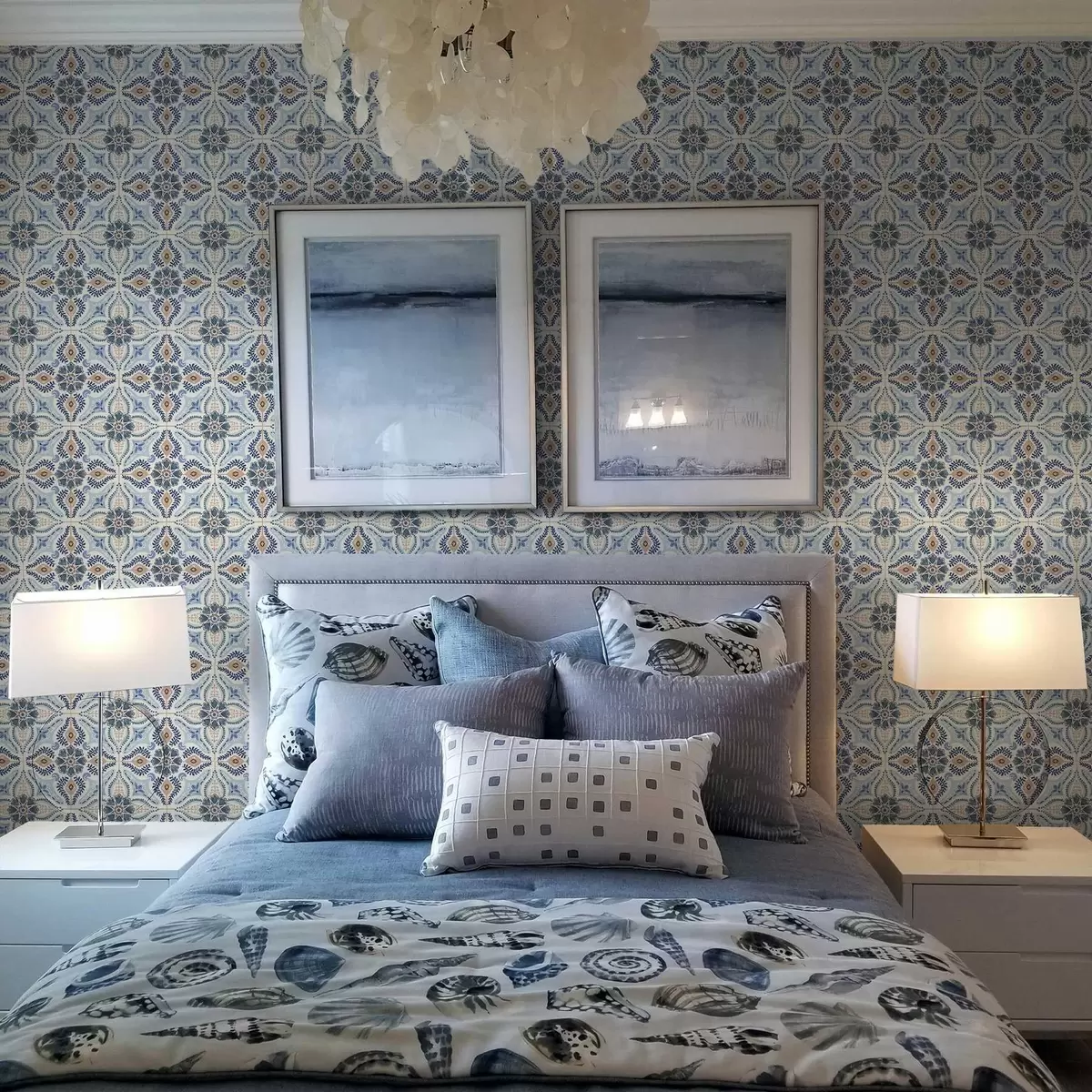 Tapete Blau-beige Ornament im Fliesenstil, gemalt in Aquarellfarben a01085