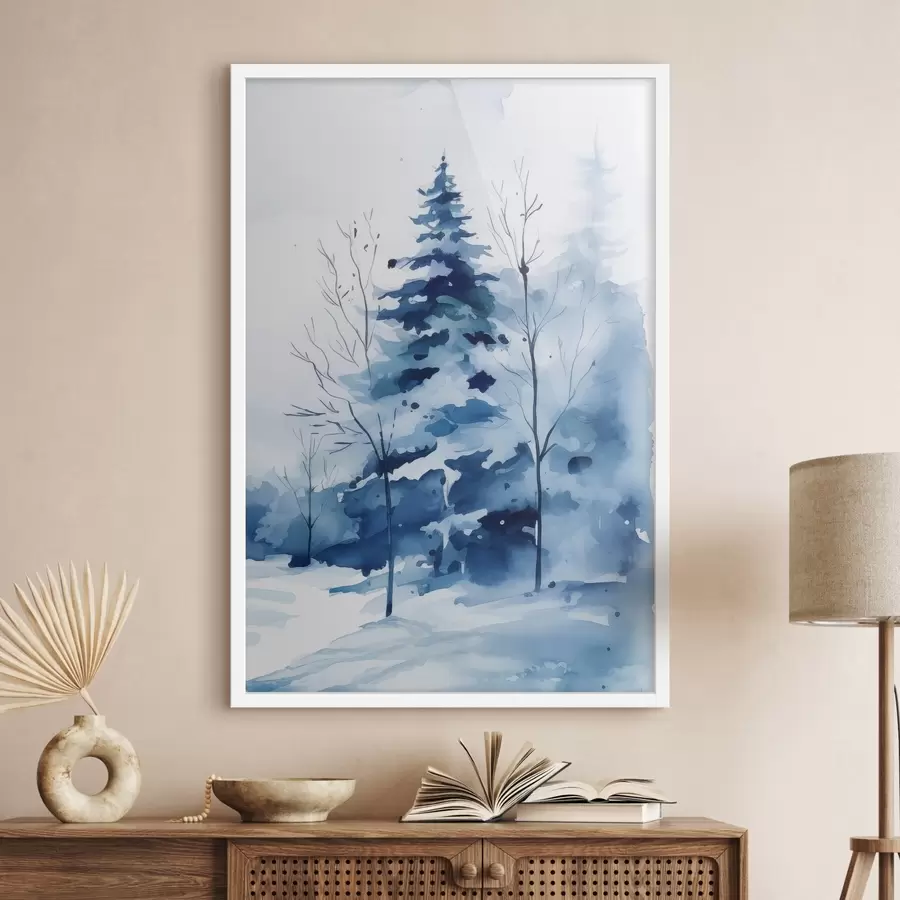 Fototapete Tanne in einem Winterwald, Aquarellimitation f46964