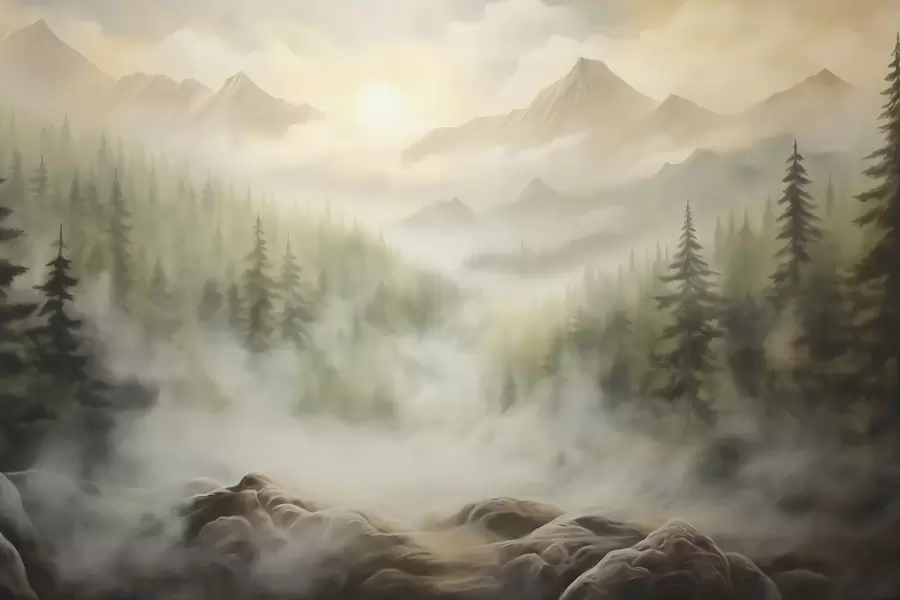 Fototapete Wald im Nebel vor dem Hintergrund der Berge w04730