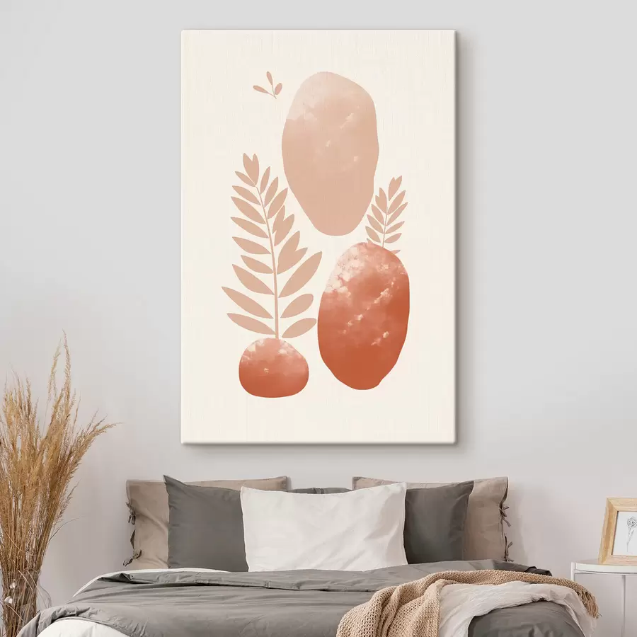 Fototapete Abstrakte Formen, strukturierte Steine und Blätter in gedeckten Pfirsich- und Terrakottatönen, minimalistisch, cremefarbener Hintergrund s47012