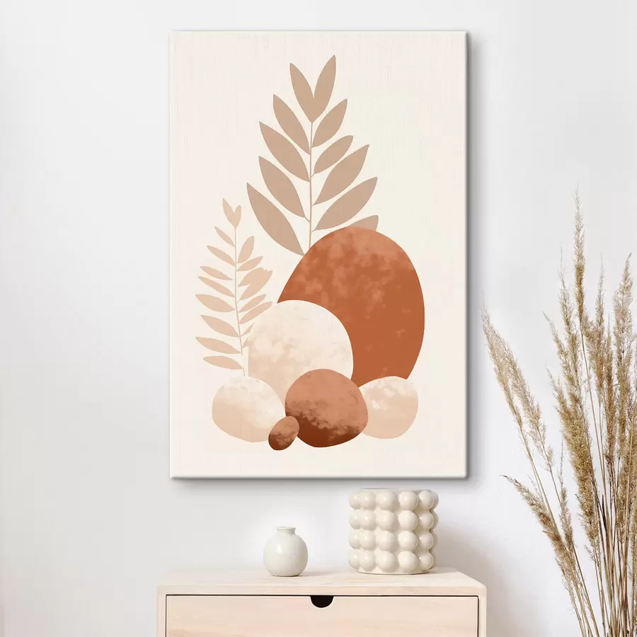 Fototapete Abstrakte Formen, strukturierte Steine und Blätter in gedeckten Pfirsich- und Terrakottatönen, minimalistisch, cremefarbener Hintergrund s47013