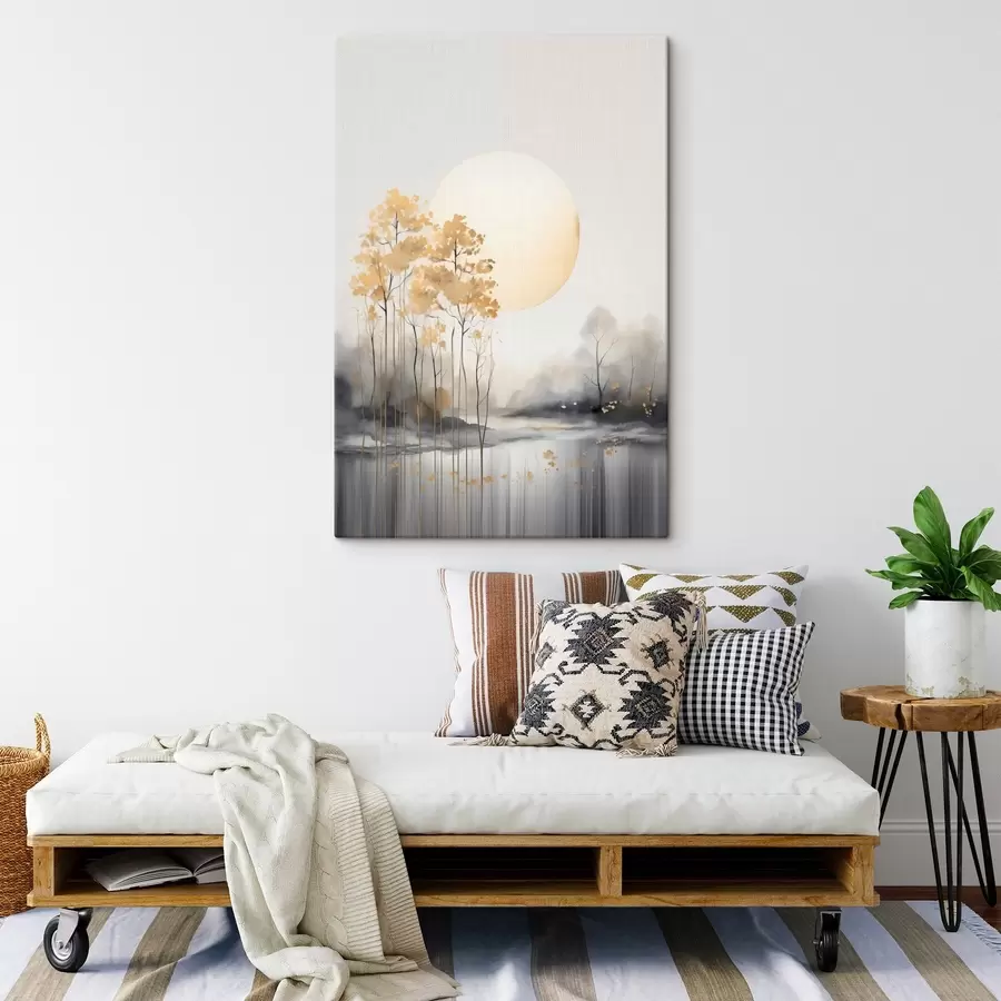 Fototapete Dekorative abstrakte Landschaft, hohe Bäume mit gelben Blättern, ein Fluss und Nebel im Hintergrund s47014