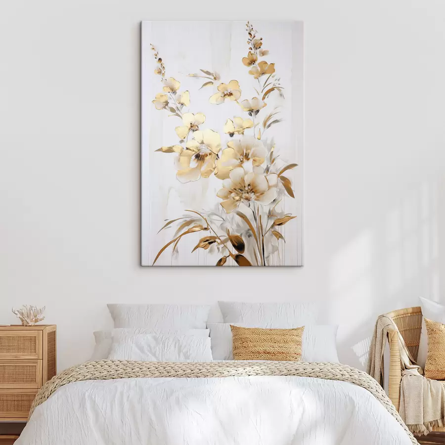 Fototapete Strukturierte gelbe Blüten und Blätter vor weißem Hintergrund, mit zarten Pinselstrichen s47016