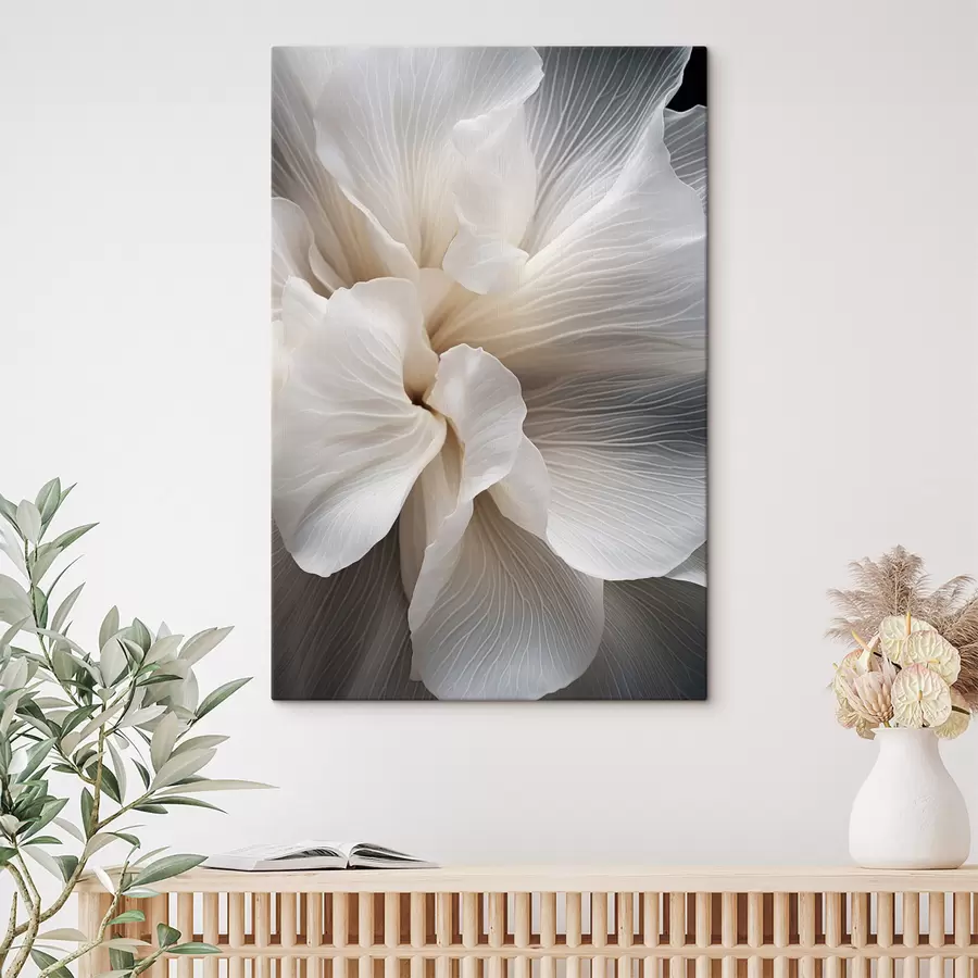 Fototapete Nahaufnahme von zarten, abstrakten weißen Blütenblättern mit filigranen Linien und einem verschwommenen dunklen Hintergrund s47018