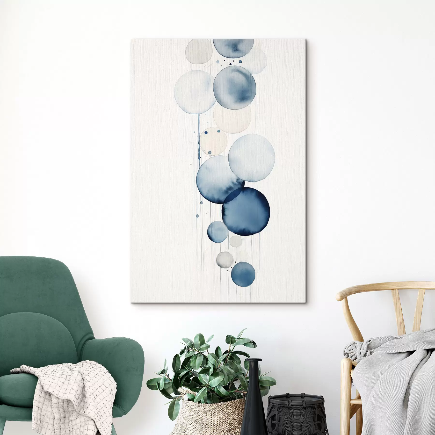 Fototapete Abstrakte, strukturierte blaue und weiße Wasserfarbenkreise unterschiedlicher Größe vor weißem Hintergrund s47020