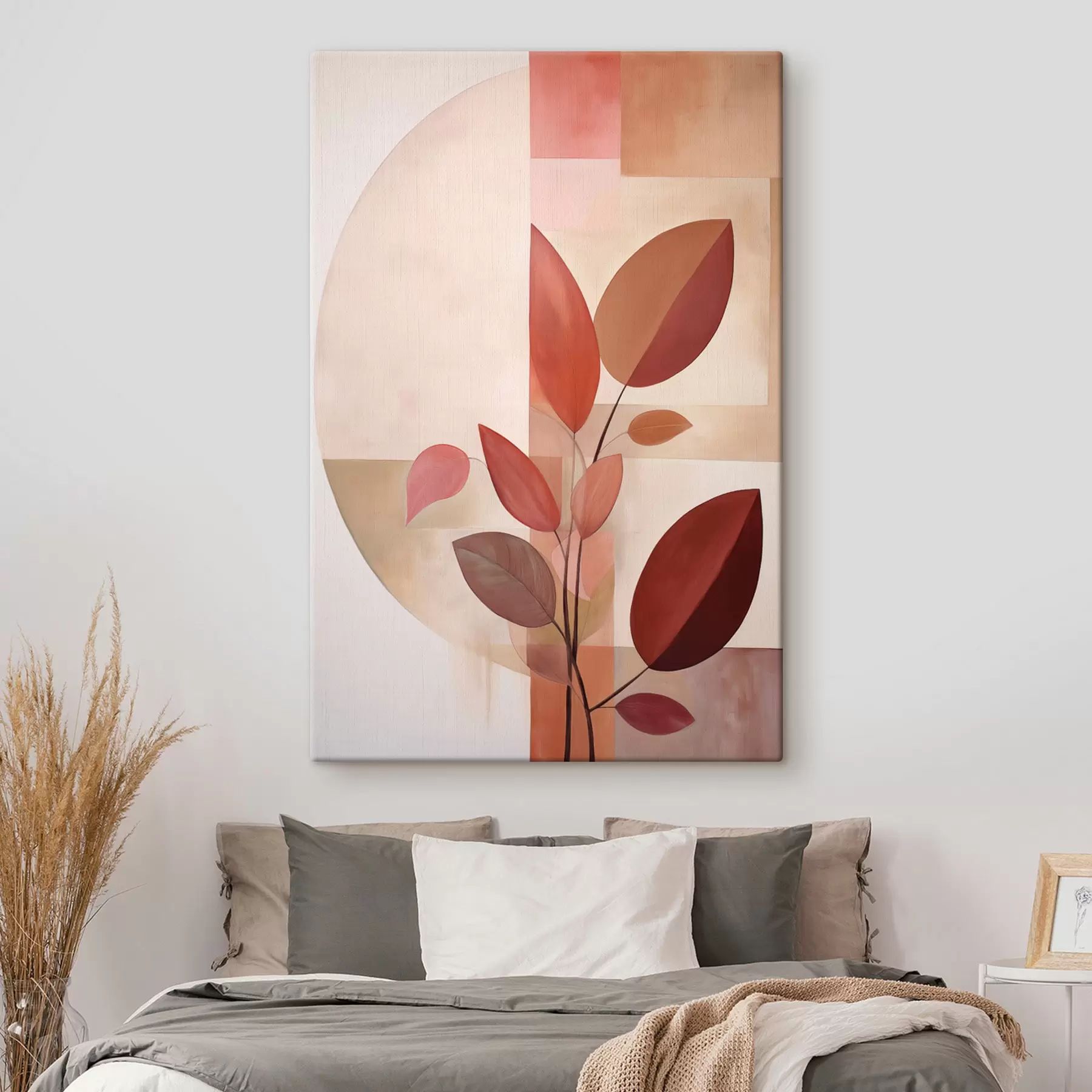 Fototapete Abstrakte Pflanze mit roten Blättern vor einem Hintergrund aus geometrischen Formen und sanften, gedämpften Farben s47041