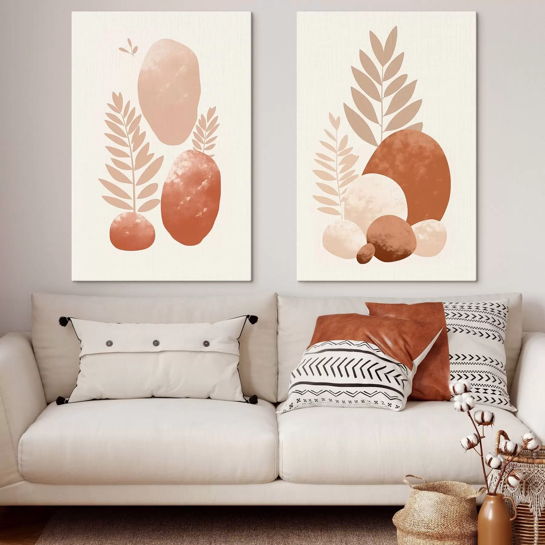 Fototapete Abstrakte Formen, strukturierte Steine und Blätter in gedeckten Pfirsich- und Terrakottatönen, minimalistisch, cremefarbener Hintergrund m01114