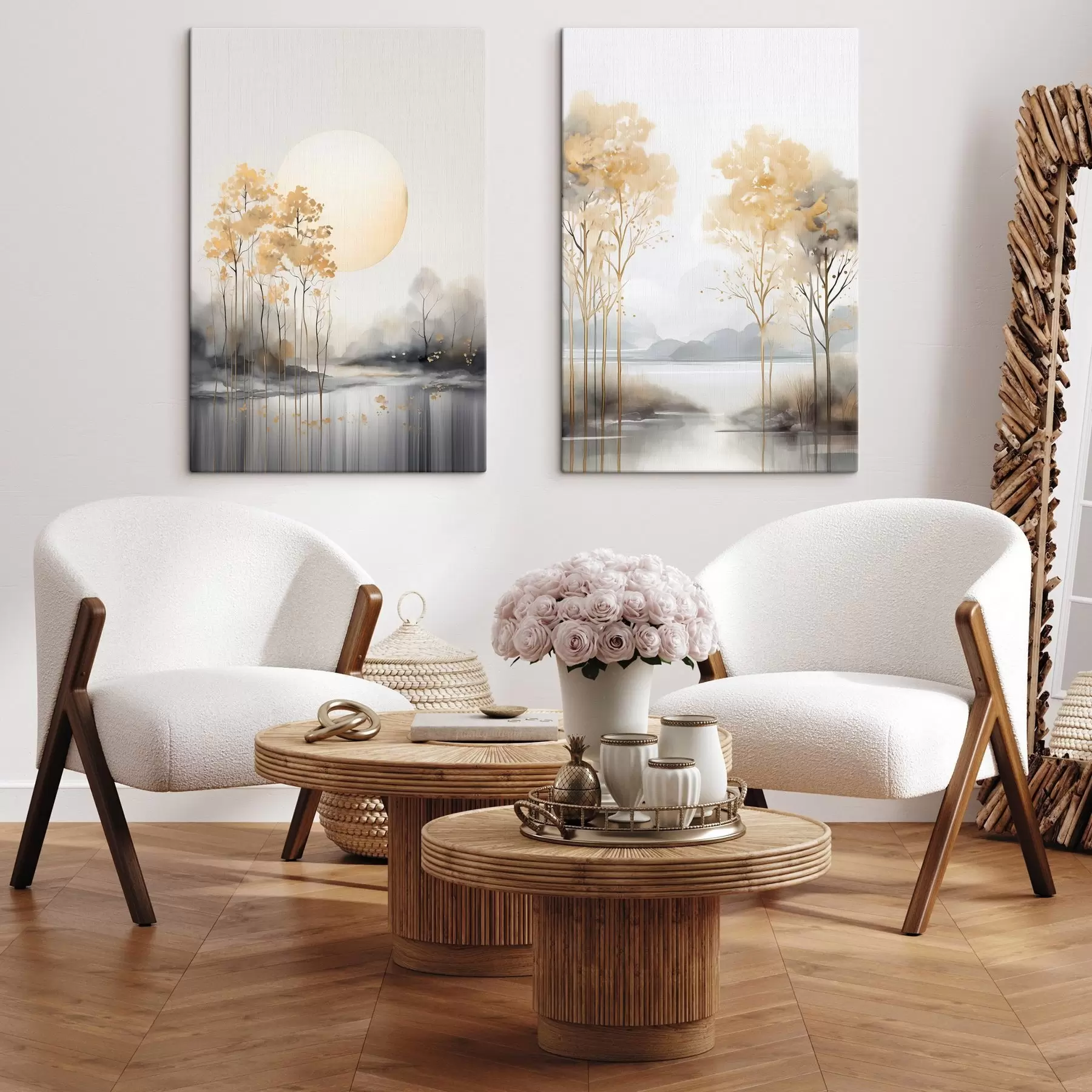 Fototapete Dekorative abstrakte Landschaft, hohe Bäume mit gelben Blättern, ein Fluss und Nebel im Hintergrund m01115