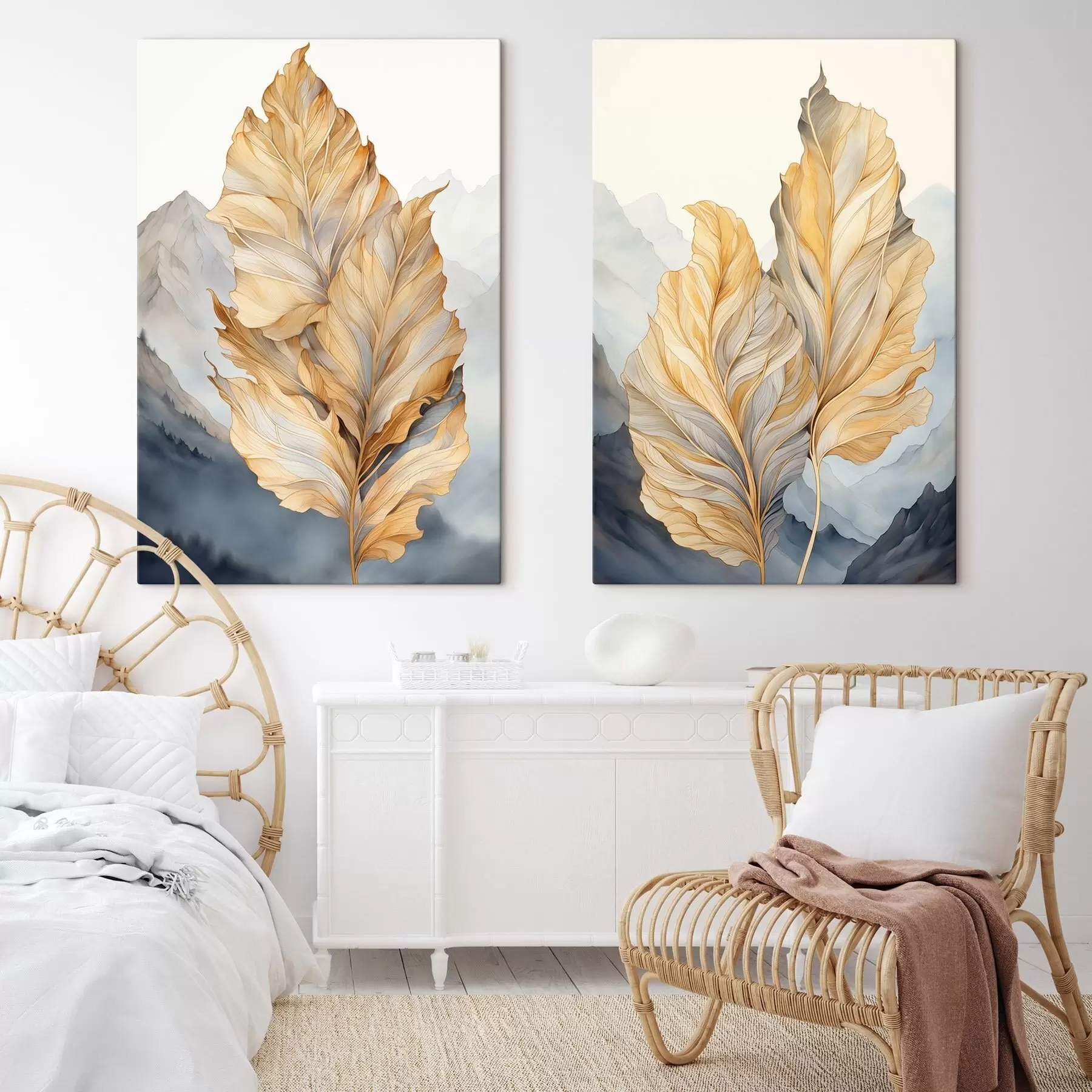 Fototapete Abstrakte große, gelbe und braune Blätter mit komplexen Details vor einer Berglandschaft m01119