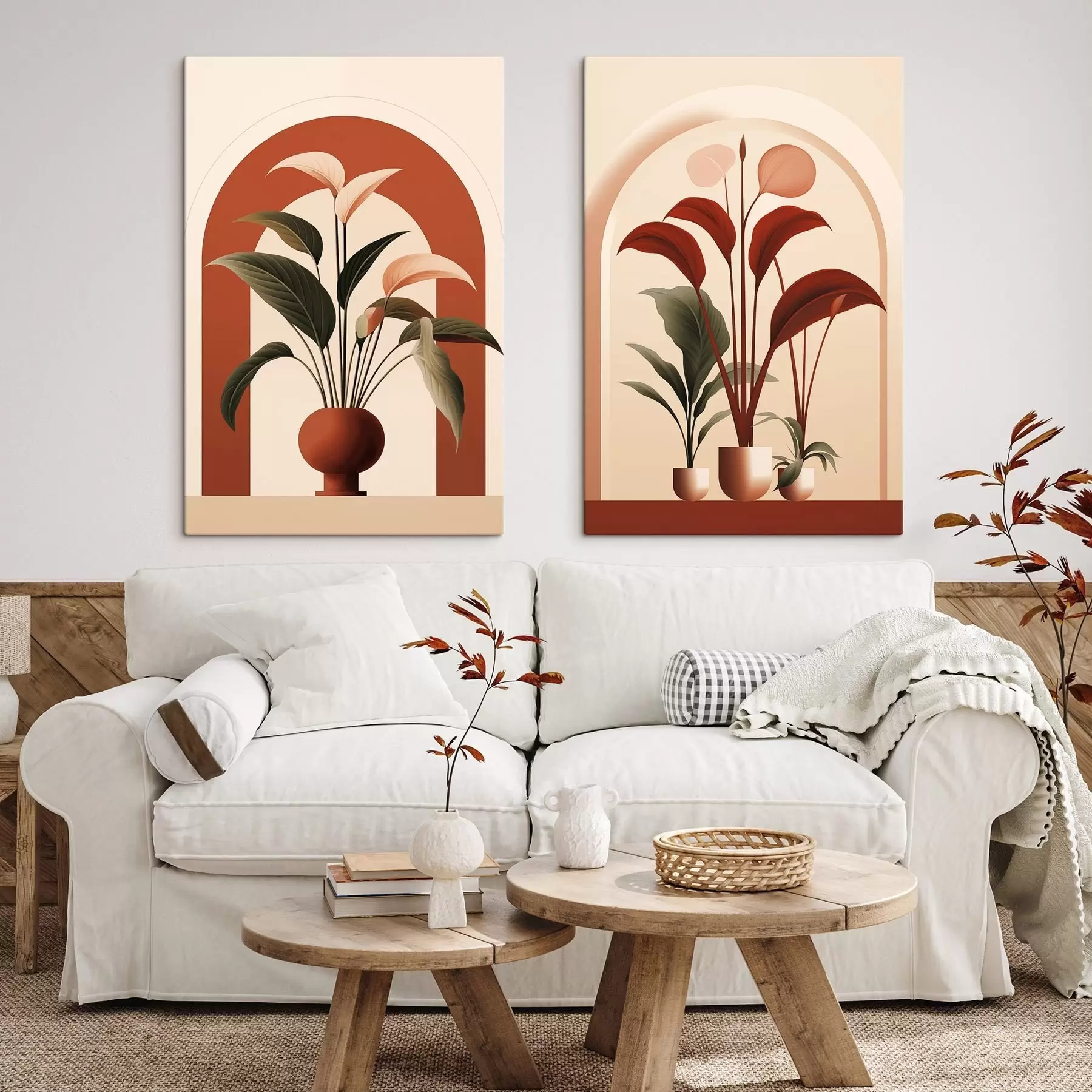 Fototapete Abstrakte Topfpflanzen mit großen grünen und roten Blättern vor einem cremefarbenen Torbogen m01124