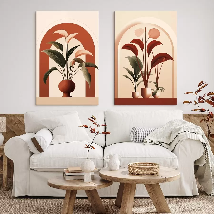 Fototapete Abstrakte Topfpflanzen mit großen grünen und roten Blättern vor einem cremefarbenen Torbogen m01124