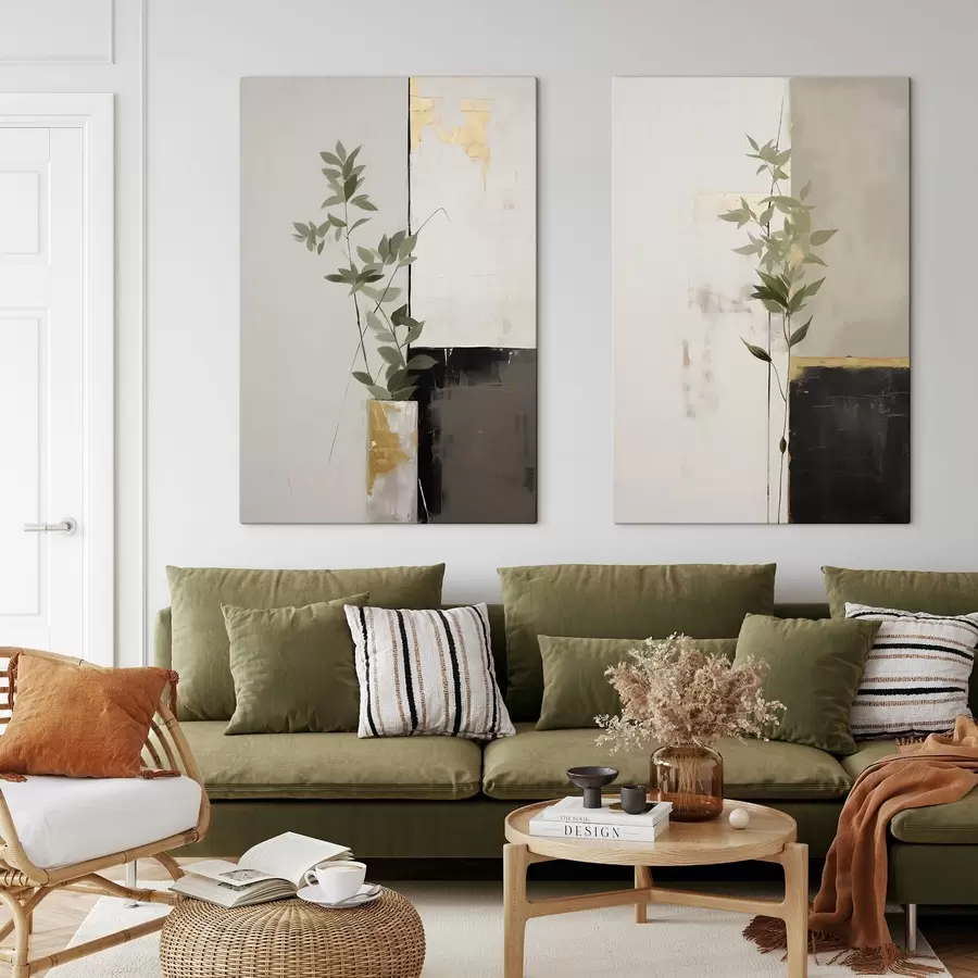 Fototapete Ein minimalistisches, strukturiertes Gemälde einer Vase mit grünen Blättern vor einem Hintergrund aus abstrakten geometrischen Formen. m01126