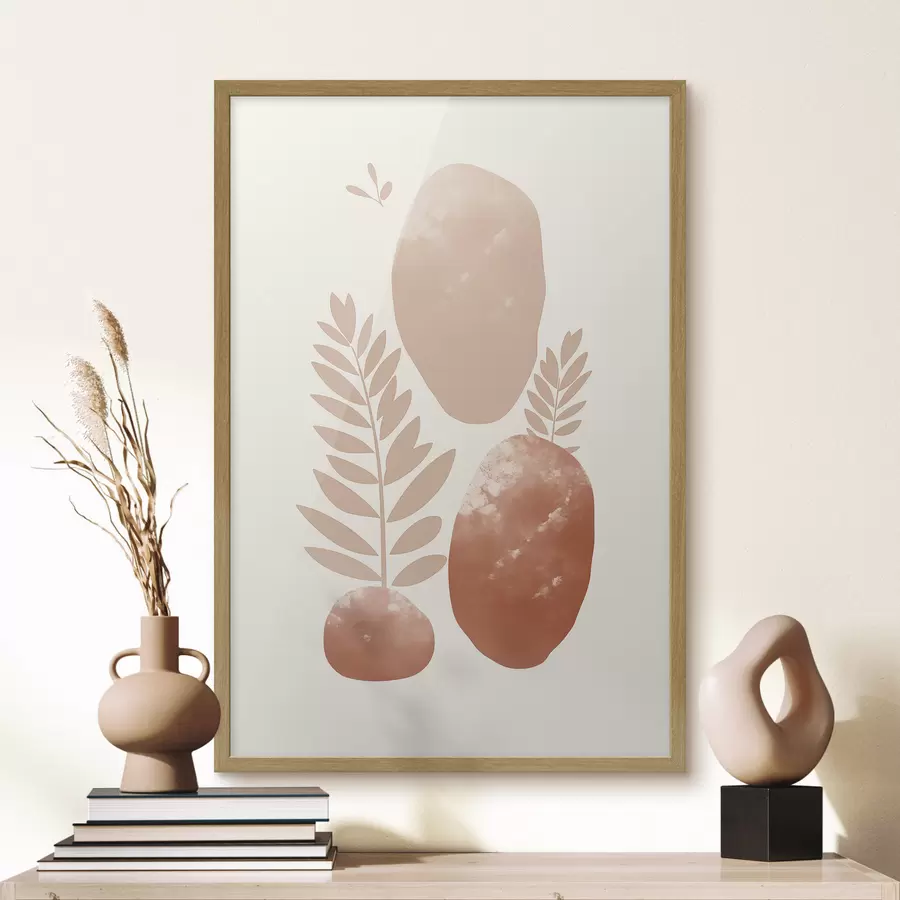 Fototapete Abstrakte Formen, strukturierte Steine und Blätter in gedeckten Pfirsich- und Terrakottatönen, minimalistisch, cremefarbener Hintergrund f47012