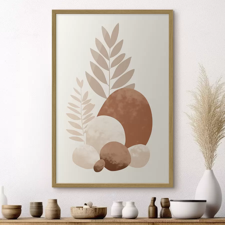Fototapete Abstrakte Formen, strukturierte Steine und Blätter in gedeckten Pfirsich- und Terrakottatönen, minimalistisch, cremefarbener Hintergrund f47013