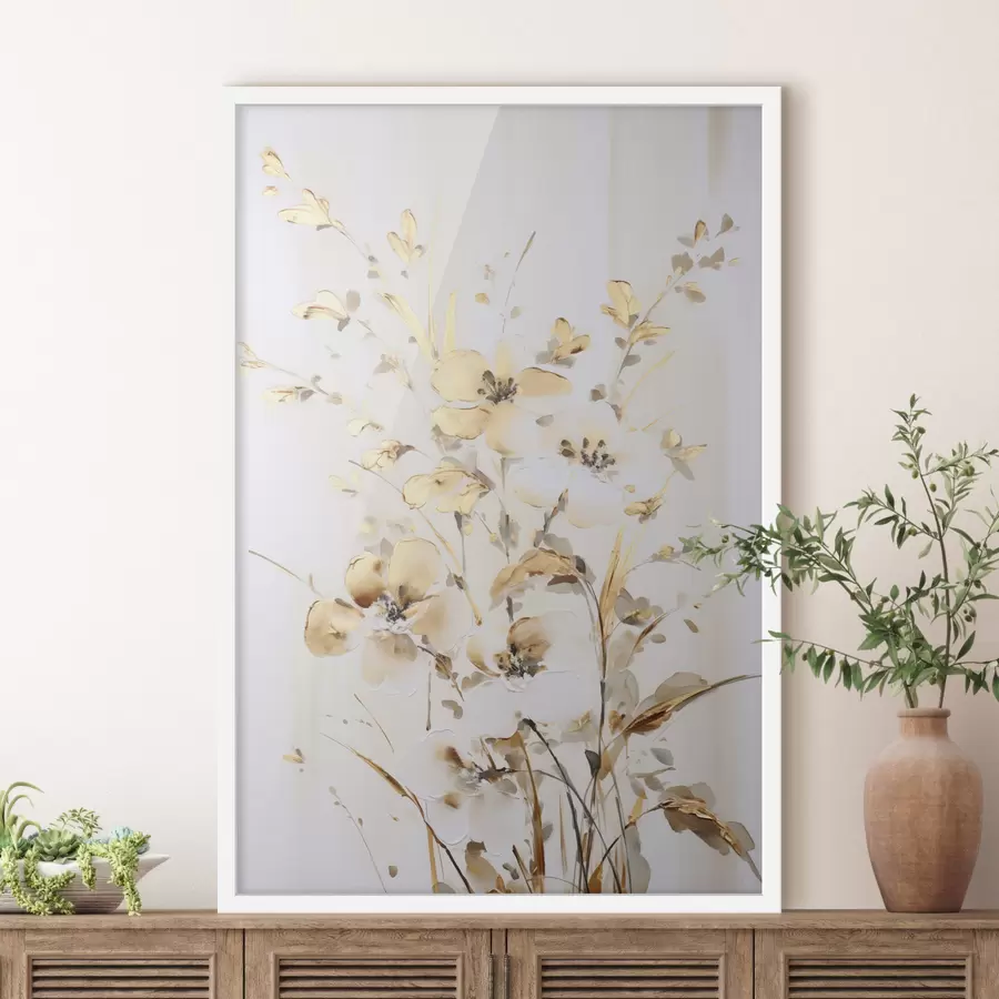 Fototapete Strukturierte gelbe Blüten und Blätter vor weißem Hintergrund, mit zarten Pinselstrichen f47017