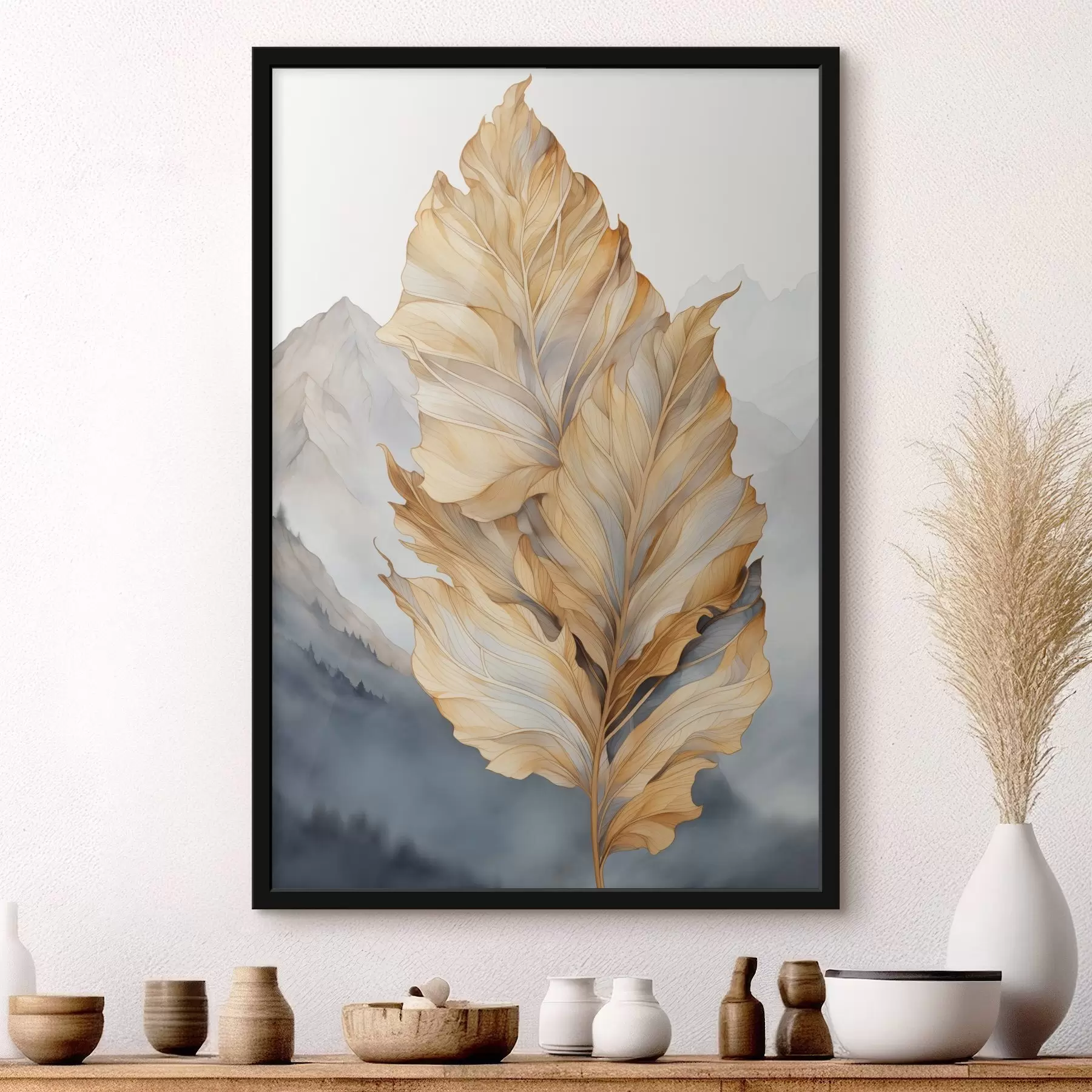 Fototapete Abstrakte große, gelbe und braune Blätter mit komplexen Details vor einer Berglandschaft f47022