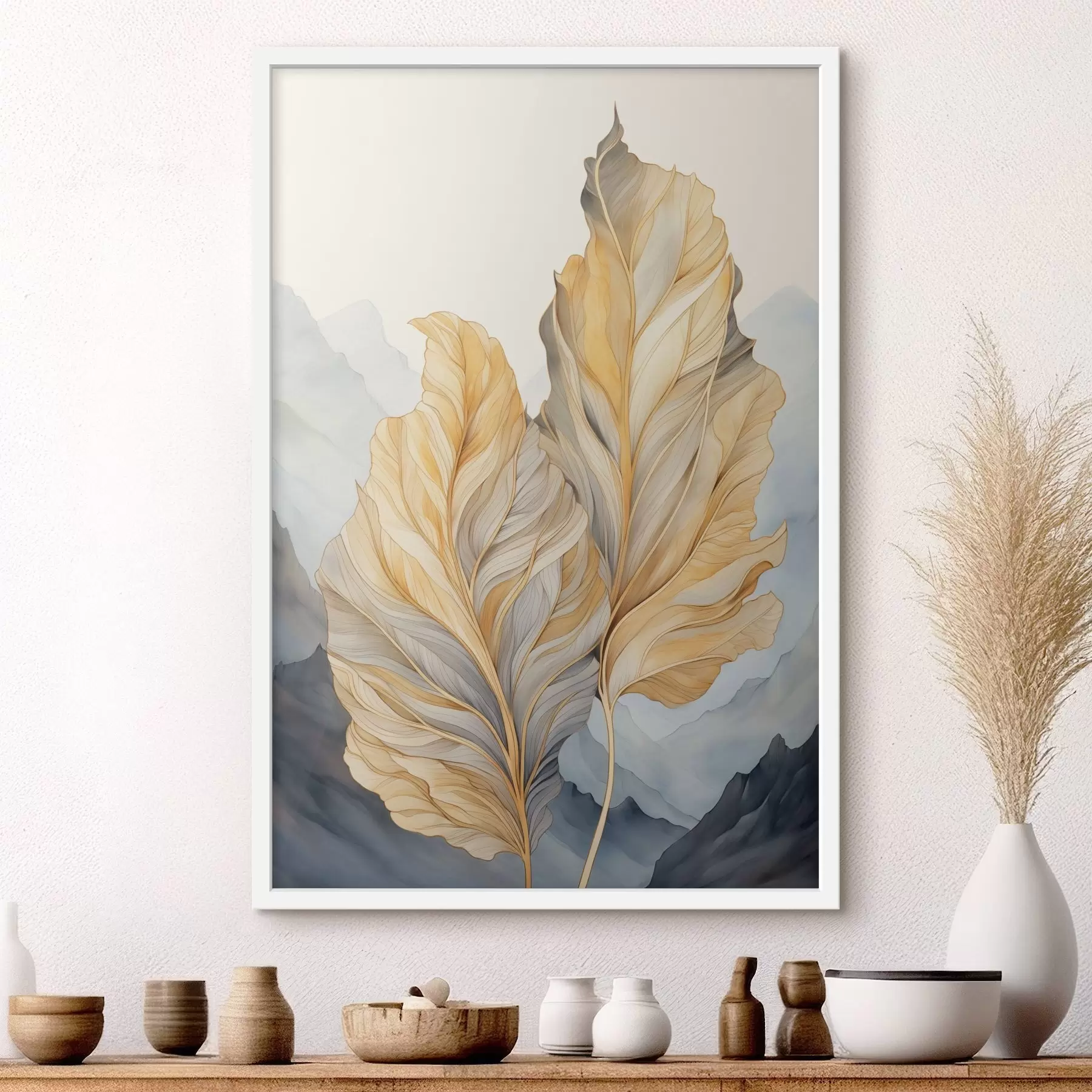 Fototapete Abstrakte große, gelbe und braune Blätter mit komplexen Details vor einer Berglandschaft f47023