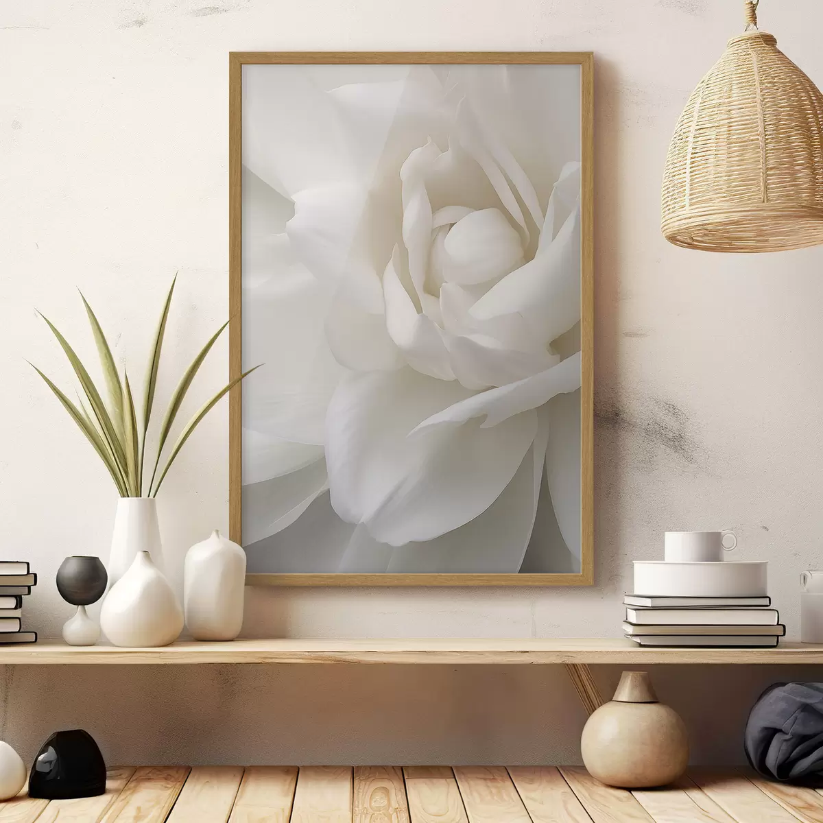 Poster Abstrakte weiße Blume mit zarten, geschichteten Blütenblättern, minimalistische Kunst f47025