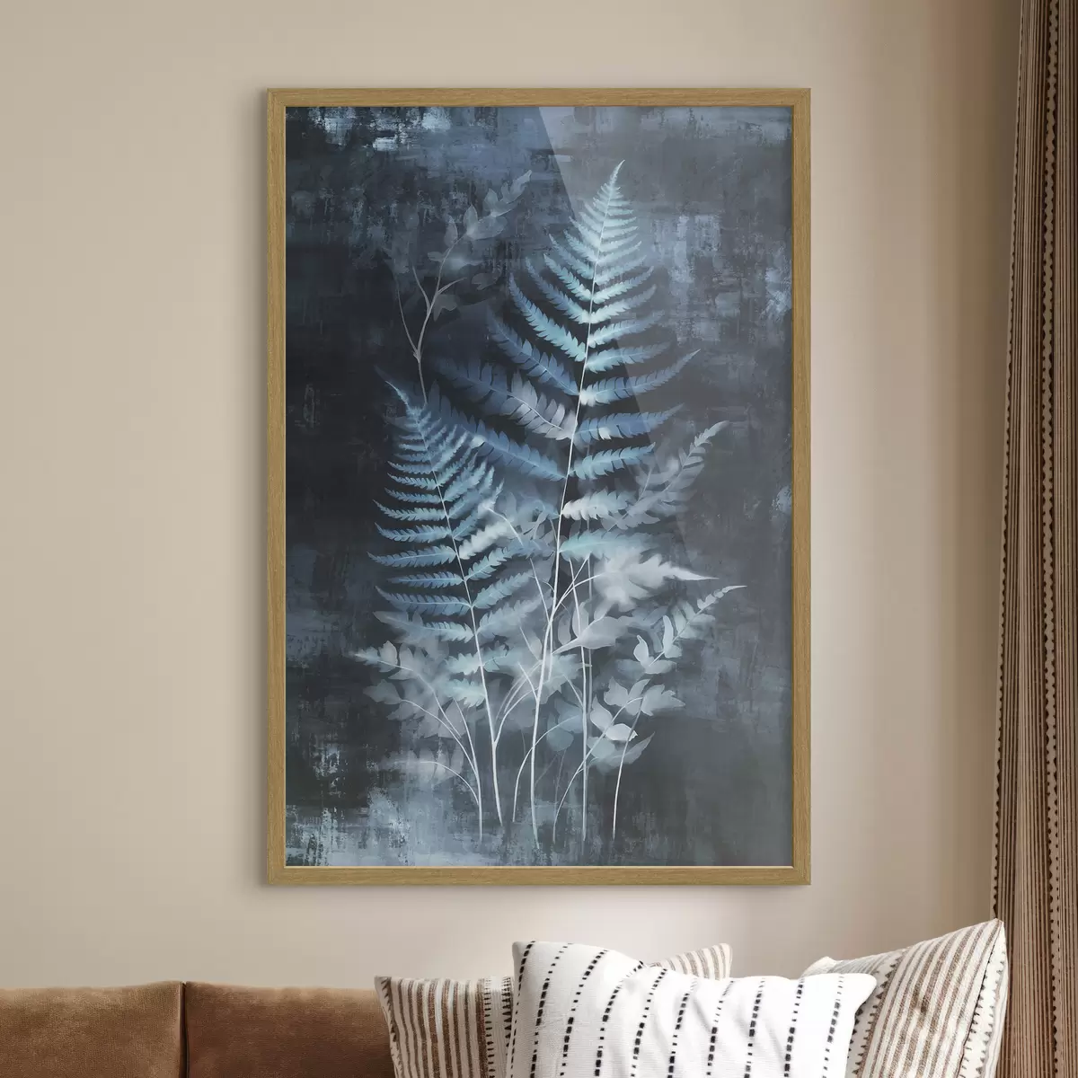 Poster Blaue Farne und Pflanzen vor einem dunklen, strukturierten Hintergrund, mit Fokus auf den komplexen Details, Röntgeneffekt f47026