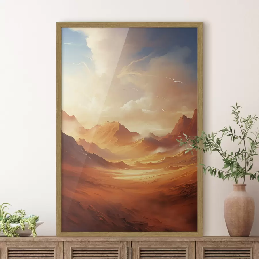 Fototapete Eine weite, orangefarbene Wüstenlandschaft mit hoch aufragenden, felsigen Bergen unter einem dunstigen, sonnenbeschienenen Himmel mit dünnen Wolken f47028