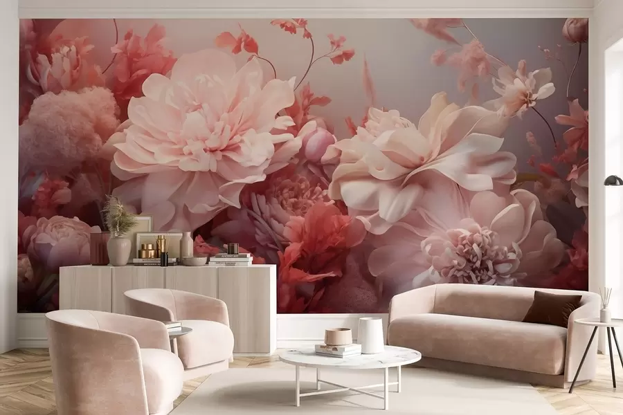 Fototapete Voluminöse puderrosa Pfingstrosen in einer Blumenkomposition w09571