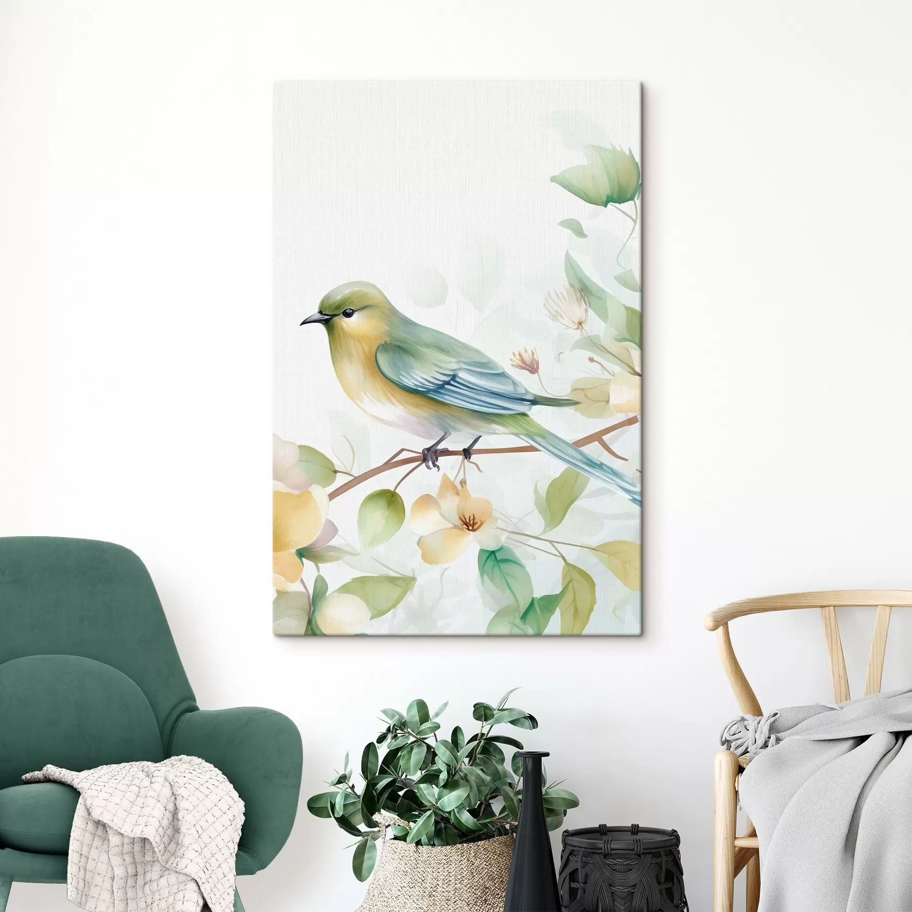 Fototapete Meise auf einem Ast, Aquarellimitation s46892