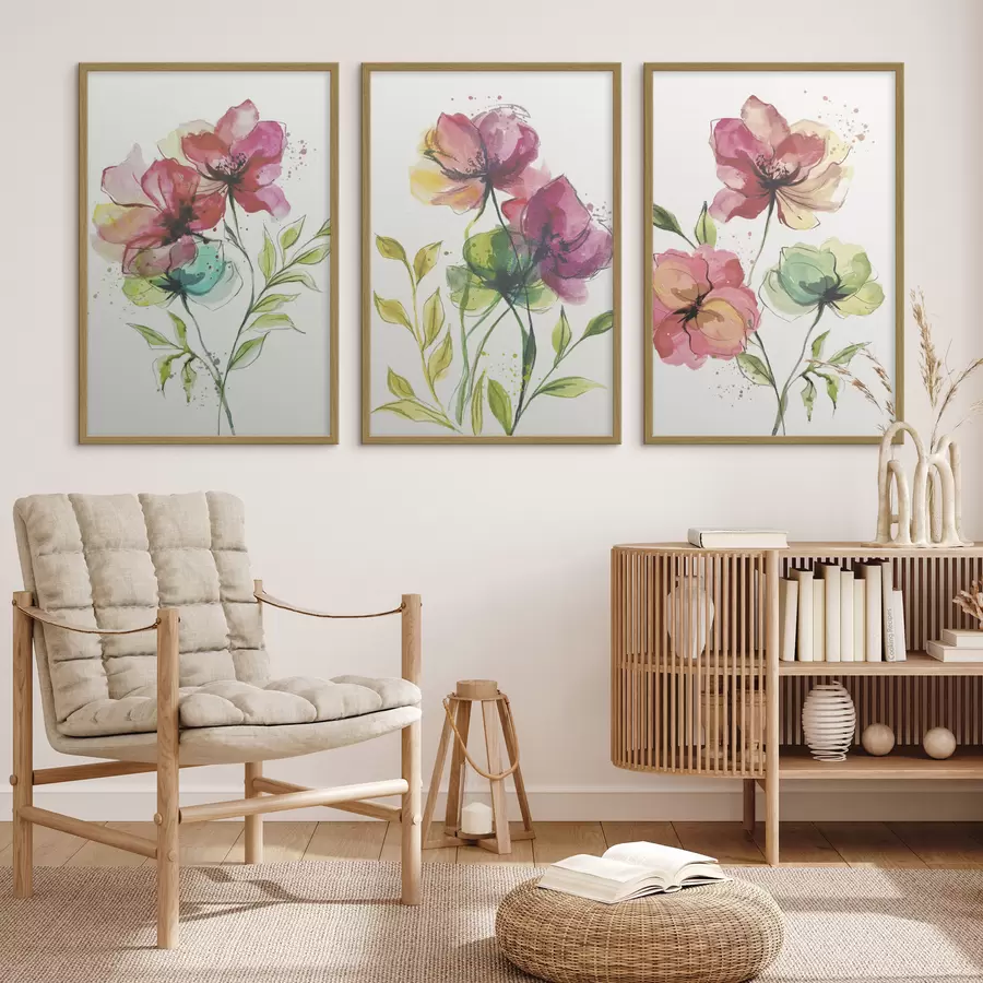 Fototapete Zarte Aquarellblumen mit Farbspritzern d00340