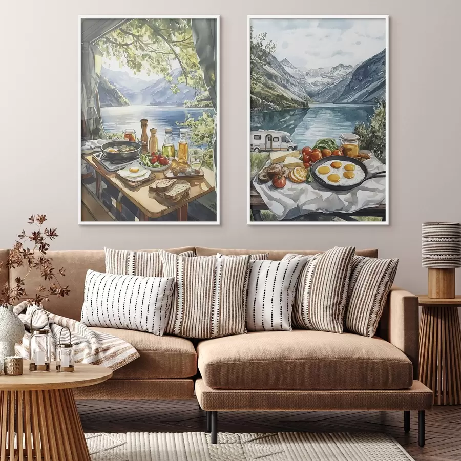 Fototapete Camping, ästhetisches Frühstück am See, Aquarellstil d00405