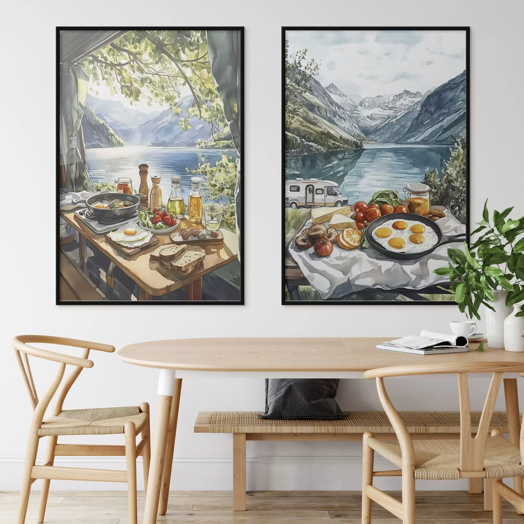 Fototapete Camping, ästhetisches Frühstück am See, Aquarellstil d00405