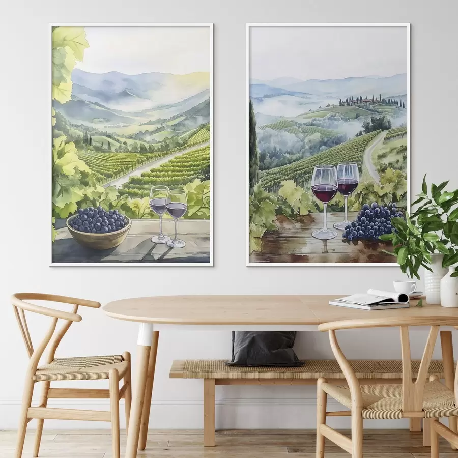 Fototapete Schöne Landschaften der Toskana, Weinberge, Weingläser, Aquarellstil, Italien d00408