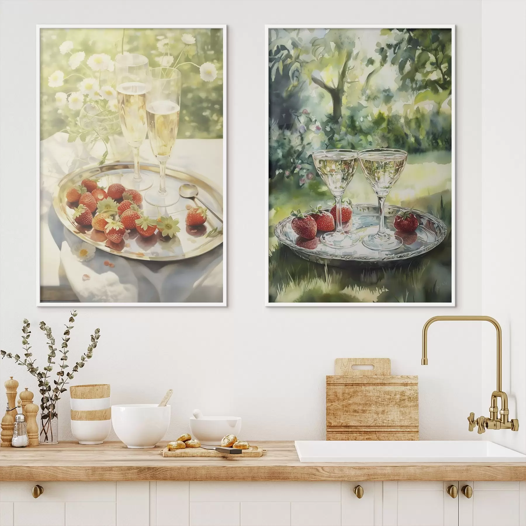 Fototapete Sommerpicknick, Sektgläser mit Erdbeeren auf dem Tablett, Kamillenblüten d00414